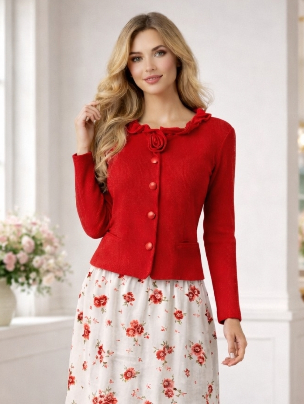 Red Rosette Ruffle Sweater Vintage Statement Top